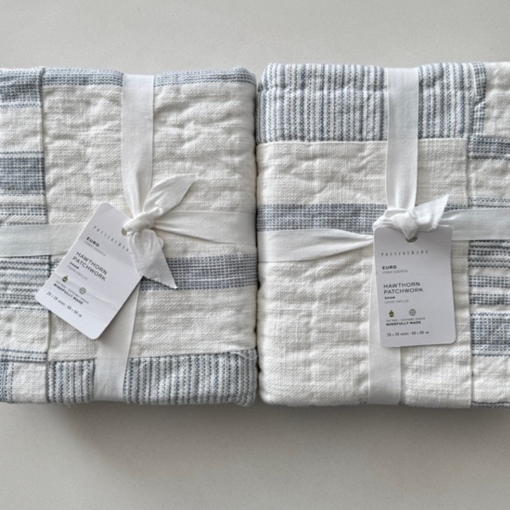 Pottery Barn Hawthorn Handcrafted Patchwork Cotton Quilted Euro Sham Set/2 NWT